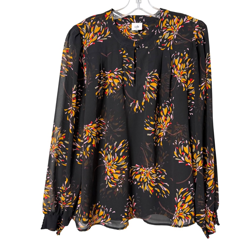 Cabi Blouse Womens XL Black Floral Split Neck Long Sleeve Smocked Cuff 4531
